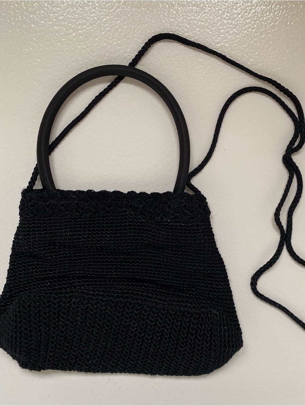 Small Black Knit Shoulder Bag with Round Handles
